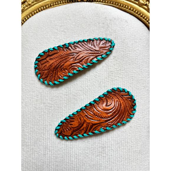 Unbranded Accessories - Western Tooled Leather Hair Clips Brown Turquoise Stitch Boho Cowgirl Barrette